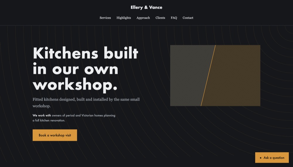 A demonstration build for Ellery & Vance, a joinery workshop: dark ground, geometric sans, amber accent.