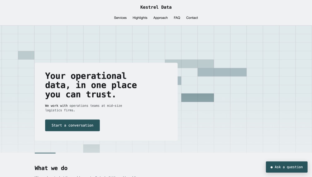 Kestrel Data: monospace headline on a plotted grid, teal accent.