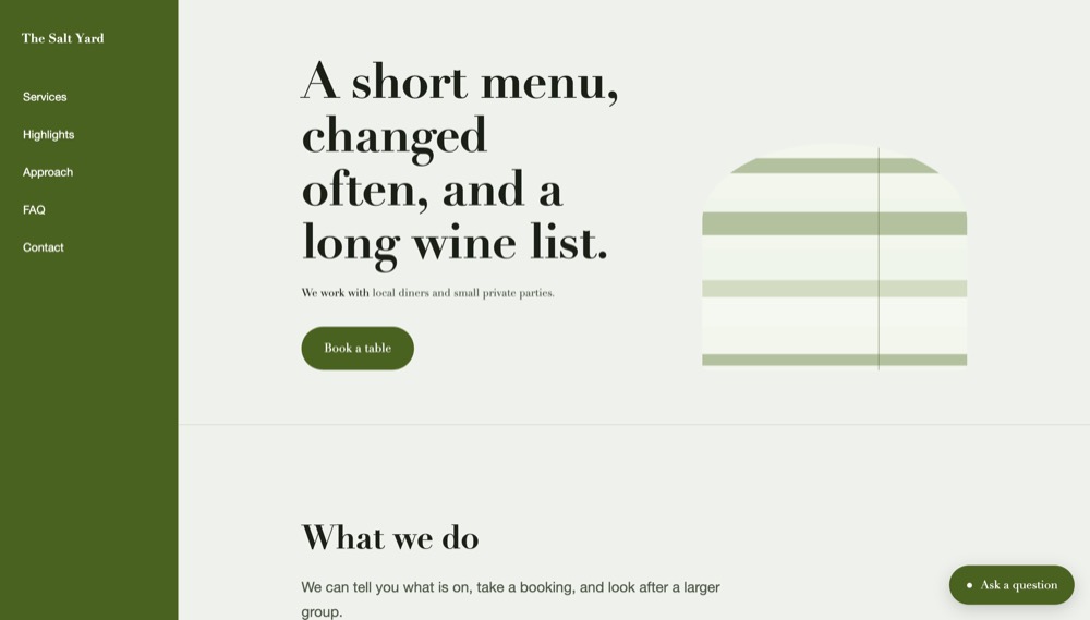 The Salt Yard, a restaurant: fixed olive sidebar, high-contrast serif.